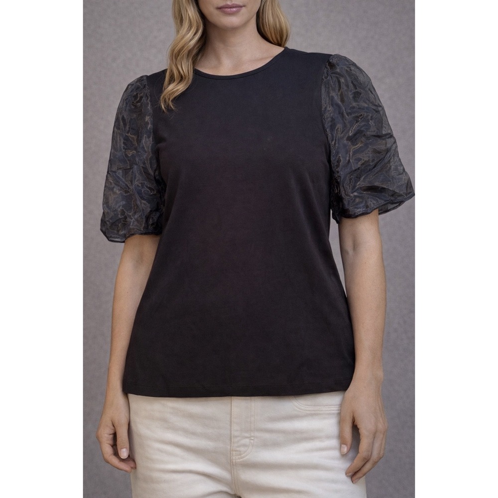 Hyacinth‎ House Black Puff Organza Sleeve Top XL Mixed Media Crew Neck NEW NWT